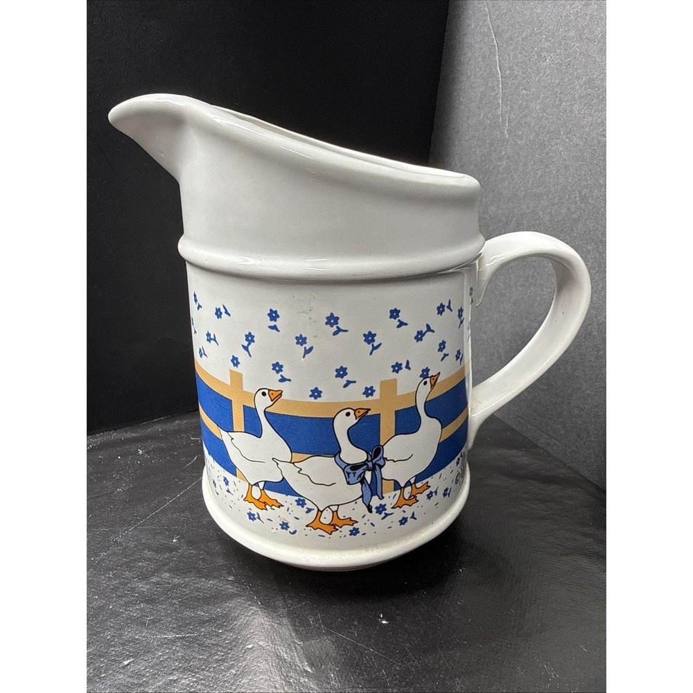 Ceramic Pitcher with Blue and White Goose Cottagecore Geese Vintage 1980s